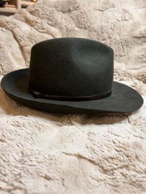 Womens Olive Felt Wide-Brim Hat with Leather Band